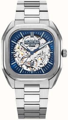Roamer Męska mechaniczna mst (39,5 mm) niebieska tarcza szkieletowa / bransoletka ze stali nierdzewnej i niebieski skórzany pasek 985986 41 45 20