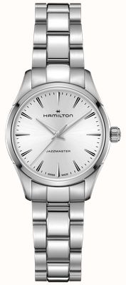 Hamilton Jazzmaster Quarz (32 mm), silbernes Zifferblatt mit Sonnenschliff / Edelstahlarmband H32301181