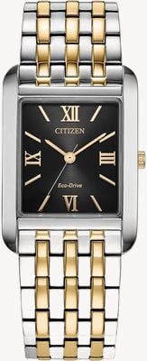 Citizen エコ・ドライブ ドレス クラシック (26.5mm) ブラック サンレイ文字盤 / ツートーン ステンレス スチール ブレスレット BJ6574-59E