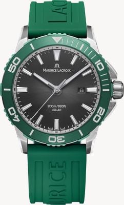 Maurice Lacroix Reloj Pontos S Solar Date (42mm) esfera negra ahumada translúcida / correa de goma verde PT1008-SSL50-330-5
