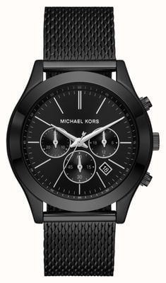 Michael Kors Pista sottile | quadrante cronografo nero | bracciale in maglia di acciaio nero MK9060