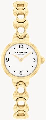 Coach Relógio Iris de quartzo com dois ponteiros (22,5 mm), mostrador branco / pulseira em aço inoxidável com revestimento PVD dourado. 14504650