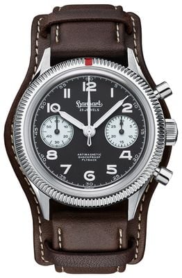 Hanhart 417 es 1954 flyback reverse panda (39mm) quadrante nero / cinturino in pelle marrone scuro - m H701.211-7110