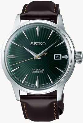Seiko Presage Automatic Green Dial 'Cocktail Time' Brown Leather Strap Watch SRPD37J1