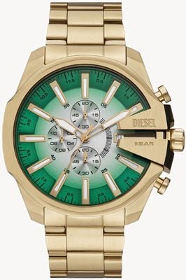 Diesel Mega Chief Slim Chronograph (49 mm), grünes Farbverlaufszifferblatt / goldfarbenes PVD-beschichtetes Edelstahlarmband DZ4684