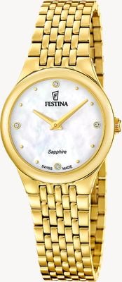 Festina Schweizer Grace Quarzuhr (29 mm) mit Perlmuttzifferblatt und goldfarbenem PVD-beschichtetem Edelstahlarmband F20098/1