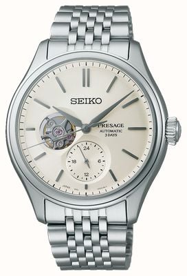 Seiko Série classique Presage «shiro-iro» à cœur ouvert (40,2 mm), cadran blanc / bracelet en acier inoxydable SPB469J1