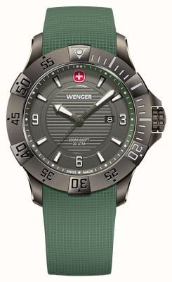 Wenger Seaforce Quarz (43 mm), Zifferblatt in Gunmetal-Optik / grünes Silikonarmband 01.0641.143