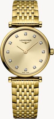 LONGINES Duża klasyka marki Longines z diamentami (24 mm) w kolorze złotym, z tarczą sunray / bransoletą ze stali nierdzewnej z powłoką pvd w kolorze złotym L42092378