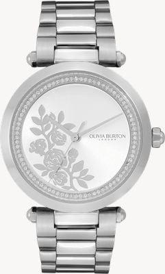 Olivia Burton Signatur | silbernes Zifferblatt mit Blumenmuster | Edelstahlarmband 24000042