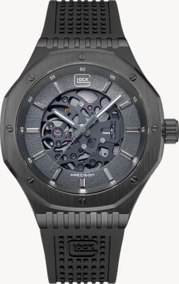 GLOCK Precision Montre squelette automatique (45 mm), cadran noir / bracelet en maille d'acier inoxydable PVD noir GW-21-2-24