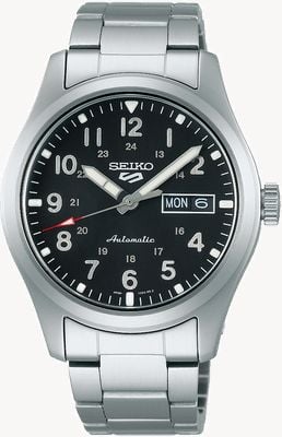 Seiko 5 campos esportivos caixa de pulseira de aço inoxidável com mostrador preto 39,4 mm SRPG27K1