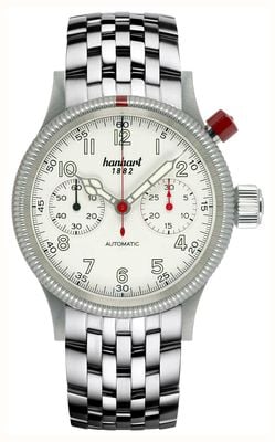 Hanhart Pioneer mk i automatyczny chronograf (40 mm) tarcza w kolorze antycznej bieli / bransoleta ze stali nierdzewnej 714.200-6428