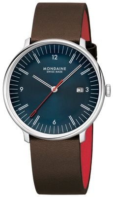 Mondaine Doppio (41 mm) blaues Zifferblatt / braunes veganes Lederarmband MLE.41240.LGV