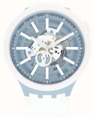 Swatch Weißes großes, auffälliges Biokeramik-Uhrwerk (47 mm), blaues Skelett-Zifferblatt/weißes Silikonarmband SB03N103