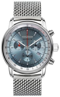 Zeppelin Cronógrafo de quartzo marinho LZ 14 (42 mm) mostrador azul gelo / pulseira de malha de aço inoxidável 8886M-3