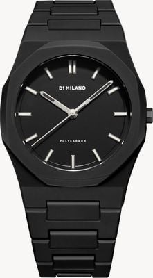 D1 Milano Montre en polycarbonate à effet nuageux (40,5 mm), cadran noir / bracelet en polycarbonate noir PCBJ11