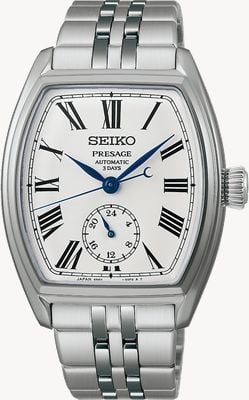 Seiko Presage Classic Series Enamel ‘Tonneau’ (35.9mm) White Dial / Stainless Steel Bracelet SPB537J1
