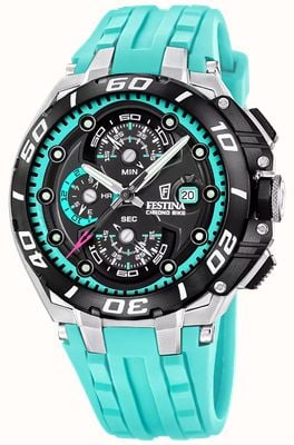 Festina Relógio cronógrafo Bike 2026 (46 mm) com mostrador preto e pulseira de borracha azul. F20755/7