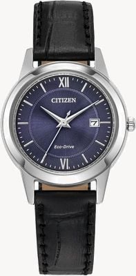 Citizen Eco-Drive-Damenuhr mit blauem Zifferblatt und schwarzem Lederarmband FE1087-01L