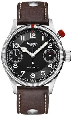 Hanhart Chronographe automatique Pioneer Monoscope (45 mm), cadran noir / bracelet en cuir marron foncé - m 733.210-0110