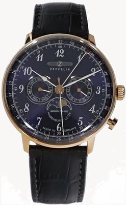 Zeppelin Lz 129 hindenburg fase da lua (40 mm) mostrador azul noite / pulseira de couro azul 7038-3