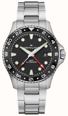 Hamilton Montre automatique Khaki Navy Scuba GMT (43 mm), cadran noir / bracelet en acier inoxydable H82555130