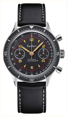 Hanhart 415 es iconic (39mm) czarna tarcza / czarny skórzany pasek - m H703.210-8010