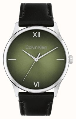 Calvin Klein Herrenuhr Ascend (43 mm) mit grünem Zifferblatt und schwarzem Lederarmband 25200454