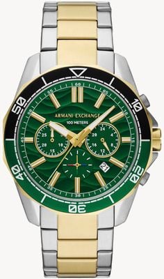Armani Exchange Męski chronograf kwarcowy (44 mm) z teksturowaną zieloną tarczą / dwukolorową bransoletą ze stali nierdzewnej AX1966