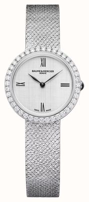 Joia de Baume & Mercier Quarzuhr (28 mm), silberfarbenes Zifferblatt mit Sonnenschliff / geprägtes Edelstahlarmband 10850