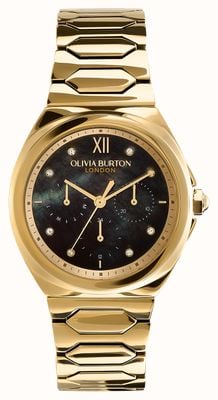 Olivia Burton Damesglans (36 mm) zwarte parelmoeren wijzerplaat / goudkleurige roestvrijstalen armband 24000150
