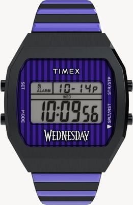 Timex X Wednesday T80 Multifunktionsuhr (36 mm) mit violettem Digitalzifferblatt / violett-schwarzem dehnbarem Armband TW2Y19500