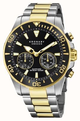 Kronaby Smartwatch híbrido Diver (45,7 mm) mostrador preto / pulseira de aço inoxidável de dois tons S3779/2