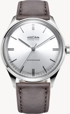Vulcain Grand Prix Automatic (39mm) Silver Sunray Dial / Grey Calf Leather Strap Watch 670171A50.BAC213
