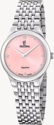 Festina Schweizer Quarzwerk (29 mm), rosafarbenes Zifferblatt mit Sonnenschliff / Edelstahlarmband F20096/2