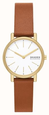 Skagen Signatur lille feminino (30 mm) mostrador branco / pulseira de couro marrom SKW3121