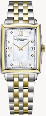 Raymond Weil Toccata Square Diamond Quartz (22 mm) z tarczą z masy perłowej / dwukolorową bransoletą ze stali nierdzewnej 5925-STP-00995