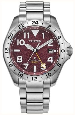 Citizen Eco-Drive Promaster Land GMT (39mm) Textured Deep Red Dial / Stainless Steel Bracelet BJ7150-50W