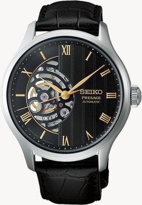 Seiko Presage giardini zen giapponesi (41,8 mm) quadrante nero chiaro di luna / cinturino pelle nera HCB008J1