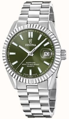 Festina Cuarzo clásico suizo (40 mm) con esfera verde y brazalete de acero inoxidable. F20084/C
