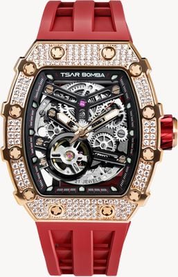 TSAR BOMBA Elemental Series Crystal Automatic (43.5mm) Black Skeleton Dial / Red FKM Rubber Strap TB8208D-07