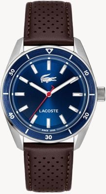 Lacoste Kwarcowy zegarek Boston z trzema wskazówkami (39 mm) z niebieską tarczą i brązowym paskiem skórzanym 2011489