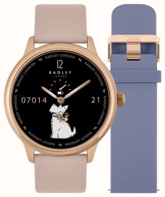 Radley Serie 19 (42 mm) Smart-Calling-Uhr mit austauschbarem rosafarbenem Leder- und Denim-Silikonarmband RYS19-2130-SET