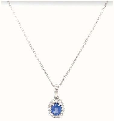 9ct White Gold Oval Sapphire Diamond Halo Pendant And Chain 0.55ct Total SP4137