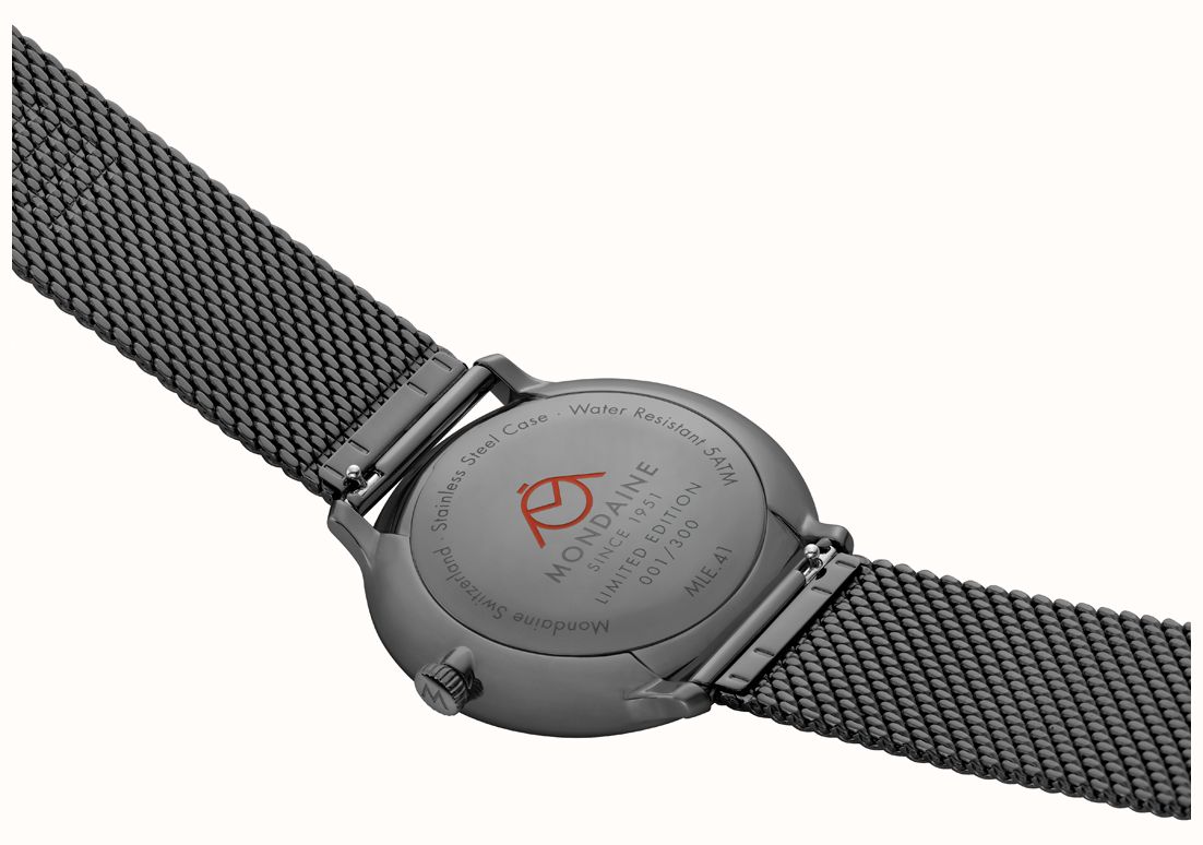 Mondaine Doppio Mirror Limited Edition (41mm) Mirror & Black Dial / Black Stainless Steel Mesh Bracelet Watch MLE.41280.SM - alternate view 5