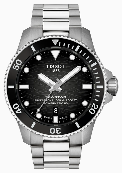 Tissot Seastar 2000 Powermatic 80 (44mm) Black Wave Dial / Stainless Steel Bracelet T1209071105100