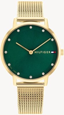 Tommy Hilfiger Damen-Pippa-Armband (34 mm) mit grünem Zifferblatt und goldfarbenem Stahlgeflechtarmband 1782668