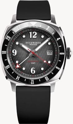 Duckworth Prestex Rivington GMT (42 mm), schwarzes Fumé-Waffelzifferblatt / schwarzes Kautschuk D489-01-AR