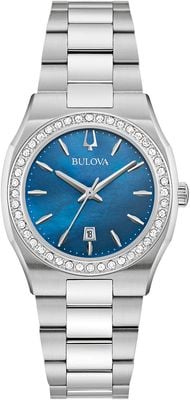 Bulova Damen-Surveyor (31 mm) blaues Perlmutt-Zifferblatt Diamant-Lünette / Edelstahlarmband 96R246